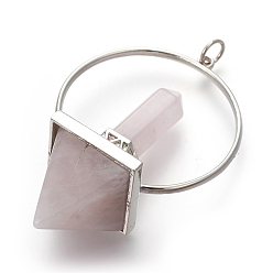 Quartz Rose Naturelle quartz rose gros pendentifs, avec les accessoires en laiton de tonalité de platine, pyramide, 62~63x4.1x2mm, Trou: 5mm