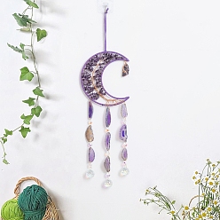 Dark Orchid Copper Wire Wrapped Natural Amethyst Chip Moon with Tree of Life Hanging Suncatchers, with Natural Agate Piece for Home Wall Decorations, Dark Orchid, 650x200mm