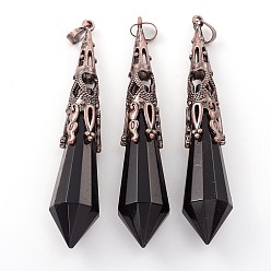 Obsidian Natural Black Obsidian Big Pointed Pendants, with Brass Bead Cap Bails, Bullet, Red Copper, 68~75x15~16mm, Hole: 8x5mm