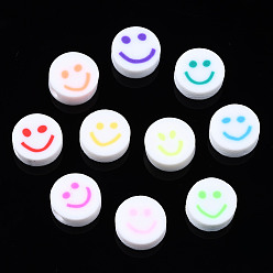 Mixed Color Handmade Polymer Clay Beads, for DIY Jewelry Crafts Supplies, Flat Round with Smiling Face, Mixed Color, 10x4~4.5mm, Hole: 1.8mm