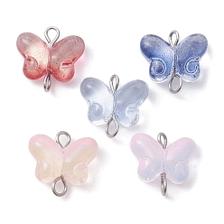 Butterfly Transparent Baking Painted Glass Connector Charms, with Platinum Plated Brass Double Loops, Mixed Color, Butterfly, 14x14.5x5.5mm, Hole: 1.8~2mm