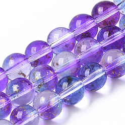 Blue Violet Transparent Spray Painted Glass Bead Strands, with Golden Foil, Round, Blue Violet, 8~9mm, Hole: 1.2~1.5mm, about 46~56pcs/Strand, 14.37 inch~16.3 inch(36.5~41.4cm)