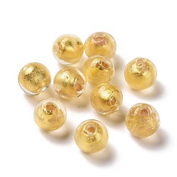 Золотистый Ручной золотой фольги стеклянные бусины Lampwork, круглые, золотые, 8 мм, отверстие : 1.4 мм