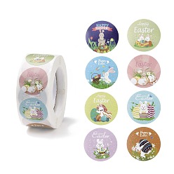 Rabbit 8 Patterns Easter Theme Self Adhesive Paper Sticker Rolls, with Rabbit Pattern, Round Sticker Labels, Gift Tag Stickers, Mixed Color, Rabbit Pattern, 25x0.1mm, 500pcs/roll