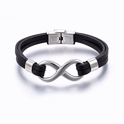 Black Leather Cord Bracelets, with 201 Stainless Steel Clasp, Infinity, Black, 8-1/4 inch(21cm), 8~18x4~8mm