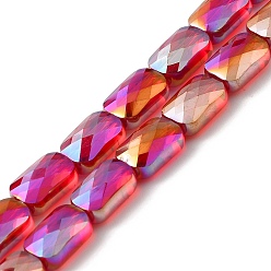 Dark Red Transparent Electroplate Glass Beads Strands, Rainbow Plated, Faceted, Rectangle, Dark Red, 9x6x4mm, Hole: 1.2mm, about 72pcs/strand, 25.98''(66cm)