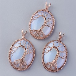 Opalite Opalite Big Pendants, with Rose Gold Tone Brass Findings, Oval with Tree of Life, 56~58.5x35~36x12~13.8mm, Hole: 4.2~5.2x4.6~6mm