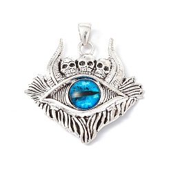 Dodger Blue Glass Pendants, with Antique Silver Plated Alloy Findings, Skull with Evil Eye, Dodger Blue, 37.5x39x6mm, Hole: 6x4mm