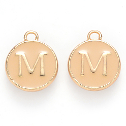 Letter M Golden Plated Alloy Enamel Charms, Cadmium Free & Lead Free, Enamelled Sequins, Flat Round with Letter, Wheat, Letter.M, 14x12x2mm, Hole: 1.5mm