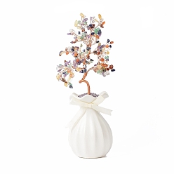 Mixed Stone Natural Gemstone Chips with Brass Wrapped Wire Money Tree on Ceramic Vase Display Decorations, for Home Office Decor Good Luck , 150x81x280mm