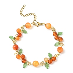 Golden Fruit Autumn Theme Natural Carnelian Beaded Bracelets, 304 Stainless Steel Bracelet for Women, Golden, 8-1/8 inch(20.5cm)