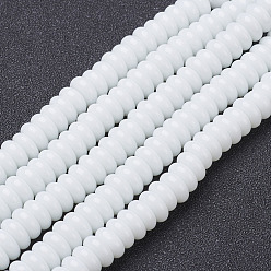 White Glass Beads Strands, Rondelle, White, about 8mm in diameter, 3.5mm thick, hole: 1mm, about 76pcs/strand, 10.5 inch