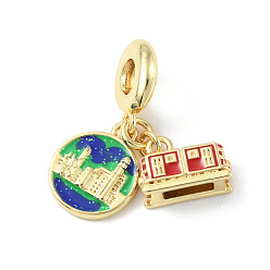Colorful Brass Micro Pave Cubic Zirconia European Dangle Charms, Enamel Style, Large Hole Pendants, Long-Lasting Plated, Real 18K Gold Plated, Cadmium Free & Lead Free, Train & Flat Round, Colorful, 28mm, Hole: 4.5mm, Train: 12x12x5mm, Flat Round: 15x12x2mm