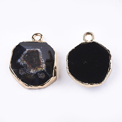 Black Electroplate Natural Agate Pendants, with Brass Findings, Faceted, Dyed, Golden, Black, 17~22x14~18x5~10mm, Hole: 1.8mm
