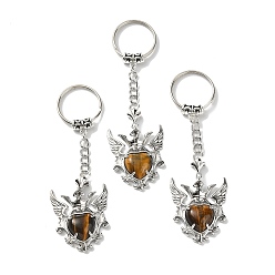Œil De Tigre Porte-clés pendentif cœur en œil de tigre naturel avec aile, avec les accessoires en laiton de tonalité de platine, 9.6 cm