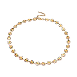 Green Enamel Daisy Link Chain Necklace, Vacuum Plating 304 Stainless Steel Jewelry for Women, Golden, Colorful, 16.3 inch(41.5cm)