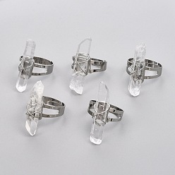 Quartz Crystal Adjustable Wire Wrapped Natural Quartz Crystal Finger Rings, with Platinum Plated Brass Findings, Nuggets, Size: 9, Inner Diameter: 19~19.5mm