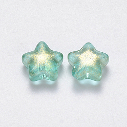 Vert Clair Perles de verre imprimées , avec de la poudre de paillettes, étoiles, vert clair, 8x8.5x4mm, Trou: 1mm