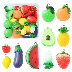 Mixed Color 20Pcs 10 Styles Opaque Resin Pendants, with Platinum Tone Iron Loops, Imitation Food, Vegetable & Fruit Charm, Mixed Color, 15~41x12~21x12~20mm, Hole: 2mm, 2pcs/style