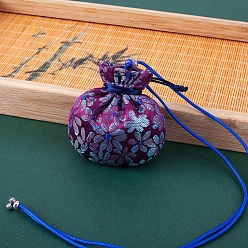 Púrpura Bolsas de almacenamiento de flores bordadas de tela, bolsa de embalaje de bolsas con cordón, rondo, púrpura, 7.5x8 cm