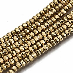 Real 18K Gold Plated Electroplate Non-magnetic Synthetic Hematite Beads Strands, Barrel, Faceted, Real 18K Gold Plated, 3.5x2.5mm, Hole: 1mm, about 177~179pcs/strand, 15.20 inch~15.75 inch(38.6cm~40cm)