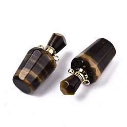 Tiger Eye Faceted Natural Tiger Eye Pendants, Openable Perfume Bottle, with Golden Tone Brass Findings, Bottle, 36x15.5x15mm, Hole: 1.8mm, Bottle Capacity: 1ml(0.034 fl. oz)