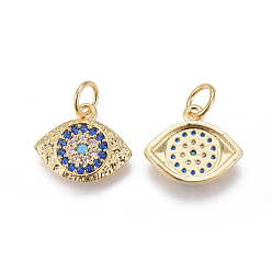 Golden Brass Micro Pave Cubic Zirconia Charms, Eyes, Colorful, Golden, 11x13x2mm, Hole: 3.5mm