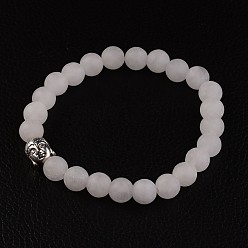 Rose Quartz Natural Rose Quartz Beads Stretch Bracelets, Buddha Head, with Tibetan Style Alloy Bead, Frosted, 55mm(2-1/8 inch)