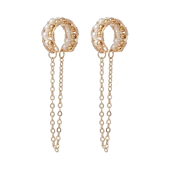 Golden Shell Pearl Beaded Cuff Earrings, Brass Chain Tassel Wire Wrap Chunky Earrings for Women, Golden, 55mm