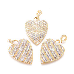 Real 18K Gold Plated Brass Micro Pave Cubic Zirconia Pendants, with Tube Bails, Heart, Clear, Real 18K Gold Plated, 22x21.5x2mm, Tube Bails: 6x3mm, Hole: 3.5x4mm