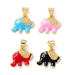 Mixed Color Rack Plating Brass Cubic Zirconia Charms, with Enamel, Cadmium Free & Lead Free, Real 18K Gold Plated, Elephant, Mixed Color, 13x15x4mm, Hole: 4x4mm