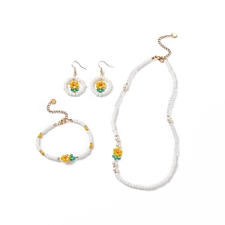 Golden Glass Flower & Shell Pearl Beaded Dangle Earrings Bracelet Necklace, Floral Brass Jewelry Set for Girl Women, Golden, 7.24 inch(18.4cm), 17.36 inch(44.1cm), 51mm, Pin: 0.8mm