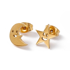 Золотой 304 крошечные полые асимметричные серьги в форме звезды и луны из нержавеющей стали, серьги-гвоздики с улыбающимся лицом для женщин, золотые, 9.4x7 мм, 9x9.4 мм, штифты : 0.5 мм