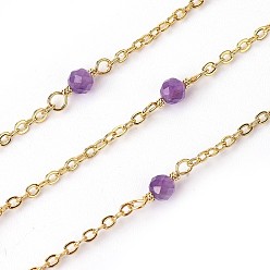 Amethyst Handmade Natural Amethyst Beaded Chains, Soldered, with Brass Findings, Real 18K Gold Plated, Long-Lasting Plated, with Spool, 3mm, about 32.8 Feet(10m)/roll