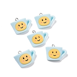 Light Sky Blue Opaque Resin Pendants, with Platinum Tone Iron Loops, Cup Charm with Smiling Face, Light Sky Blue, 19.5x24.5x9mm, Hole: 2mm