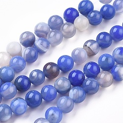 Blue Natural Striped Agate/Banded Agate Beads Strands, Dyed & Heated, Round, Blue, 6mm, Hole: 1.2mm, about 65pcs/strand, 15.16 inch(38.5cm)
