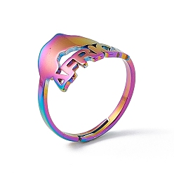 Rainbow Color Ion Plating(IP) 201 Stainless Steel Africa Map Adjustable Ring for Women, Rainbow Color, US Size 6 1/2(16.9mm)