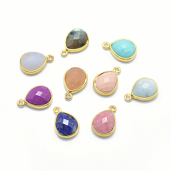 Golden Natural Gemstone Charms, with Brass Findings, Faceted, teardrop, Golden, 14x9.5x5mm, Hole: 1mm