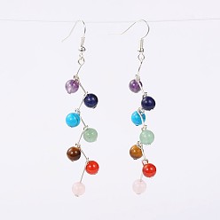 Mixed Stone Trendy Gemstone Dangle Earrings, with Brass Earrings Hooks, Silver Color Plated, Mixed Stone, 74mm, Pin: 0.5mm