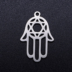 Stainless Steel Color 201 Stainless Steel Pendants, for Jewish, Hand/Hand of Fatima/Hand of Miriam with Star of David, Stainless Steel Color, 23x15x1mm, Hole: 1.4mm