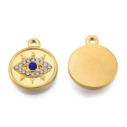 Real 18K Gold Plated 304 Stainless Steel Pendants, with Montana Rhinestone, Flat Round with Eye, Real 18K Gold Plated, 19x15.5x3mm, Hole: 1.6mm
