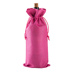 Fuchsia Rectangle Linenette Drawstring Bags, with Price Tags & Cords, for Wine Bottle Packaging, Fuchsia, 36x16cm