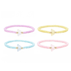 Mixed Color Opaque Acrylic & Brass Beaded Stretch Bracelets, Glass Butterfly Jewelry for Women, Mixed Color, Inner Diameter: 2-1/4 inch(5.75cm)