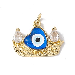 Royal Blue Brass Micro Pave Clear Cubic Zirconia Pendants, with Eye Resin and Jump Rings, Lead Free & Cadmium Free, Boat with Heart Charm, Real 18K Gold Plated, Royal Blue, 17x22.5x4.5mm, Hole: 4mm