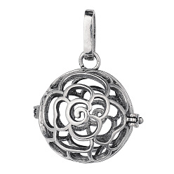 Antique Silver Brass Hollow Round with Rose Cage Pendants, For Chime Ball Pendant Necklaces Making, Lead Free & Nickel Free & Cadmium Free, Antique Silver, 21.5mm, Hole: 3.5x8mm, inner diameter: 18mm