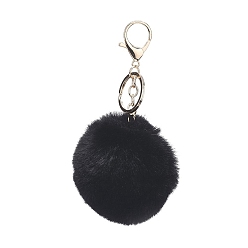 Black Pom Pom Ball Keychain, with Alloy Lobster Claw Clasps and Iron Key Ring, for Bag Decoration,  Keychain Gift and Phone Backpack , Light Gold, Black, 138mm
