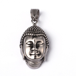 Argent Antique 316 pendentifs chirurgicaux en acier inoxydable, tête de bouddha, argent antique, 38x22x12mm, Trou: 10x6mm