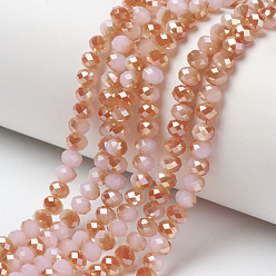 Misty Rose Electroplate Glass Beads Strands, Imitation Jade Beads, Half Plated, Rainbow Plated, Faceted, Rondelle, Misty Rose, 3x2mm, Hole: 0.8mm, about 165~169pcs/strand, 15~16 inch(38~40cm)