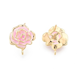 Perlas de Color Rosa Fornituras de aretes de latón esmaltado para mujer, con bucles verticales, flor, dorado, sin cadmio y níque y plomo, rosa perla, 15x13 mm, agujero: 1.2 mm, pin: 0.7 mm