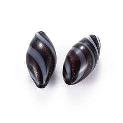 Black Opaque Handmade Blown Glass Globe Beads, with Glitter Powder, Stripe Pattern, Rice, Black, 25~27x12~13mm, Hole: 1~2mm